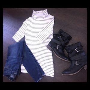 White Striped Turtle Neck T Shirt
